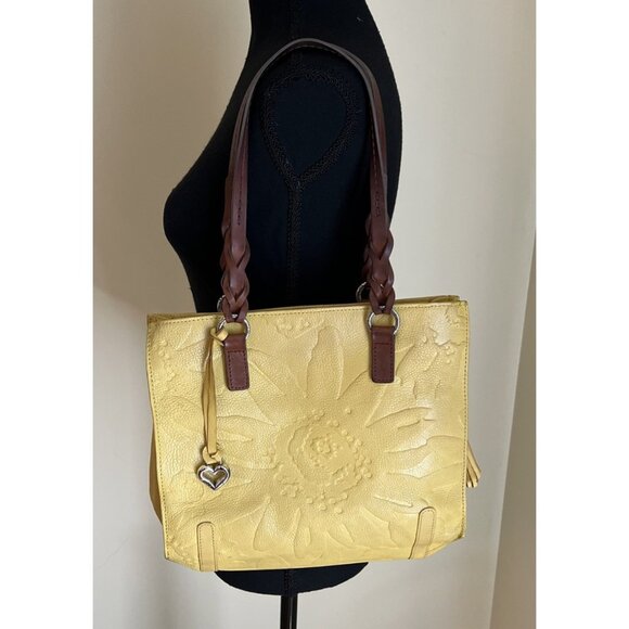 Brighton Pebbled Leather Embossed Flowers Tassels Shoulder Handbag Purse Yellow - Picture 1 of 16